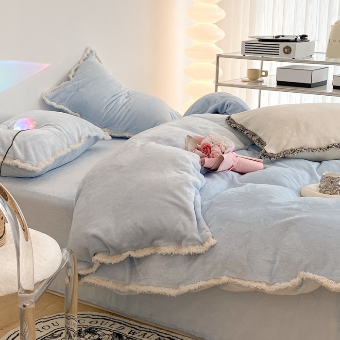 91家纺网 家纺一手货源 找家纺 昔可家纺 2021新款小香香风牛奶绒四件套 小香奶油蓝