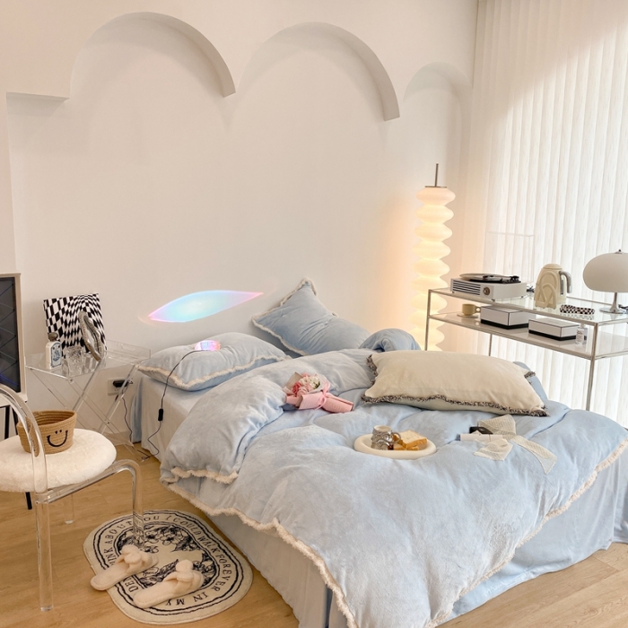 91家纺网 家纺一手货源 找家纺 昔可家纺 2021新款小香香风牛奶绒四件套 小香奶油蓝