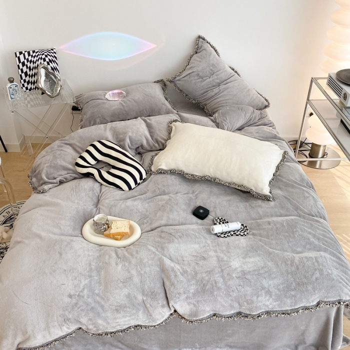 91家纺网 家纺一手货源 找家纺 昔可家纺 2021新款小香香风牛奶绒四件套 小香气质灰