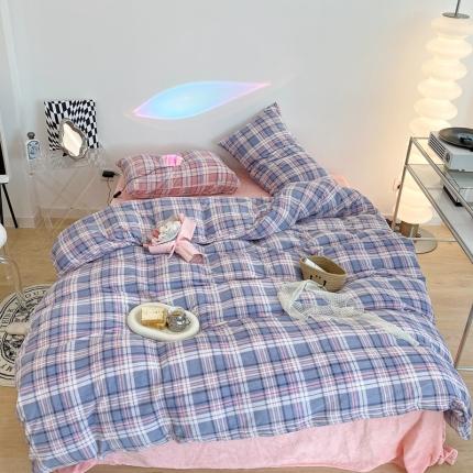 91家纺网 家纺一手货源 找家纺 昔可家纺 2021新款学院风jk格子混搭牛奶绒 学院格蓝