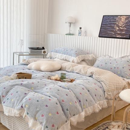 昔可家纺 2021新款coco雪貂绒四件套 小爱心蓝