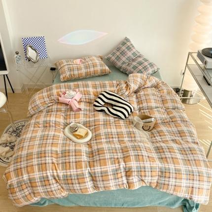 昔可家纺 2021新款学院风jk格子混搭牛奶绒 学院格黄
