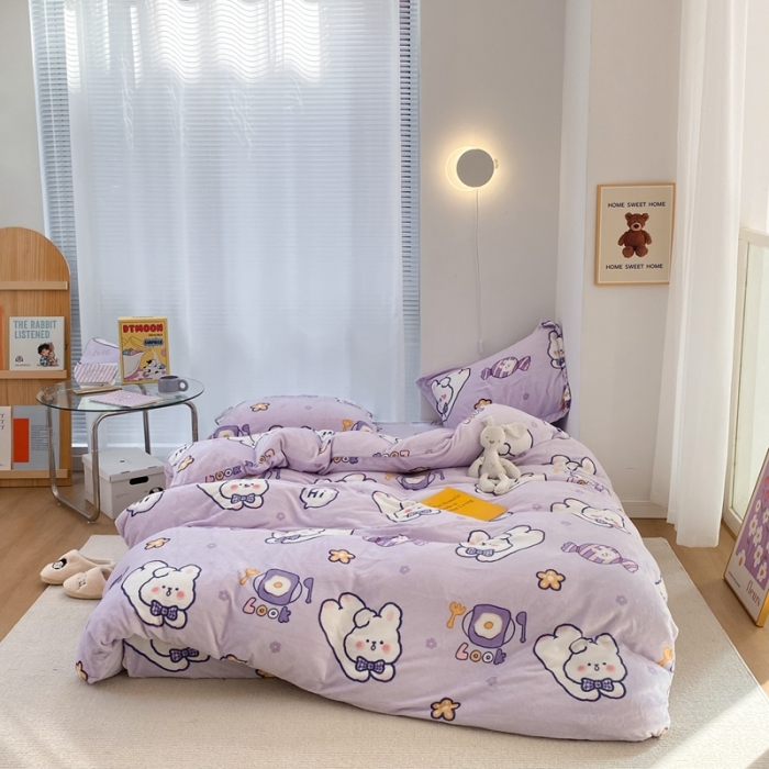 91家纺网 家纺一手货源 找家纺 昔可家纺  2021新款牛奶绒四件套第二组图 梦幻紫兔兔