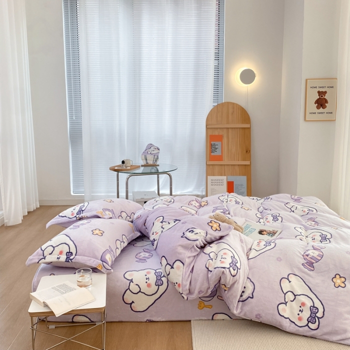 91家纺网 家纺一手货源 找家纺 昔可家纺  2021新款牛奶绒四件套第二组图 梦幻紫兔兔