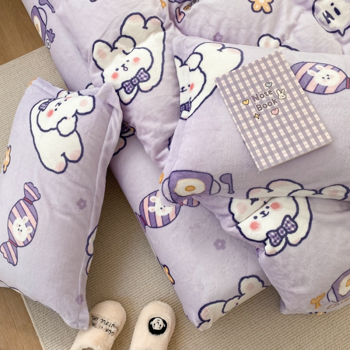 91家纺网 家纺一手货源 找家纺 昔可家纺  2021新款牛奶绒四件套第二组图 梦幻紫兔兔