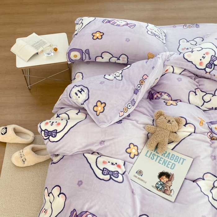 91家纺网 家纺一手货源 找家纺 昔可家纺  2021新款牛奶绒四件套第二组图 梦幻紫兔兔