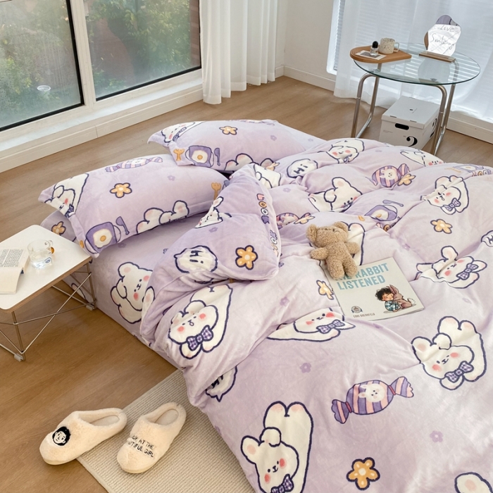 91家纺网 家纺一手货源 找家纺 昔可家纺  2021新款牛奶绒四件套第二组图 梦幻紫兔兔