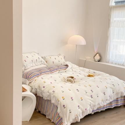 昔可家纺 2021新款coco雪貂绒四件套 小郁金香白