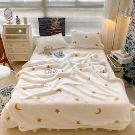 昔可家纺 2021新款羊羔泰迪绒印花毛毯金色星星月亮