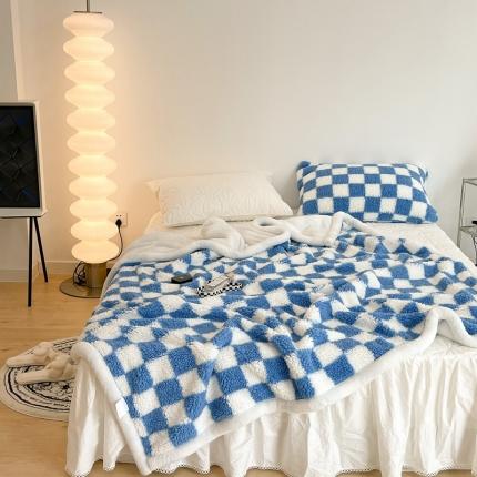 91家纺网 家纺一手货源 找家纺 昔可家纺 2021新款羊羔泰迪绒印花毛毯蓝色棋盘格