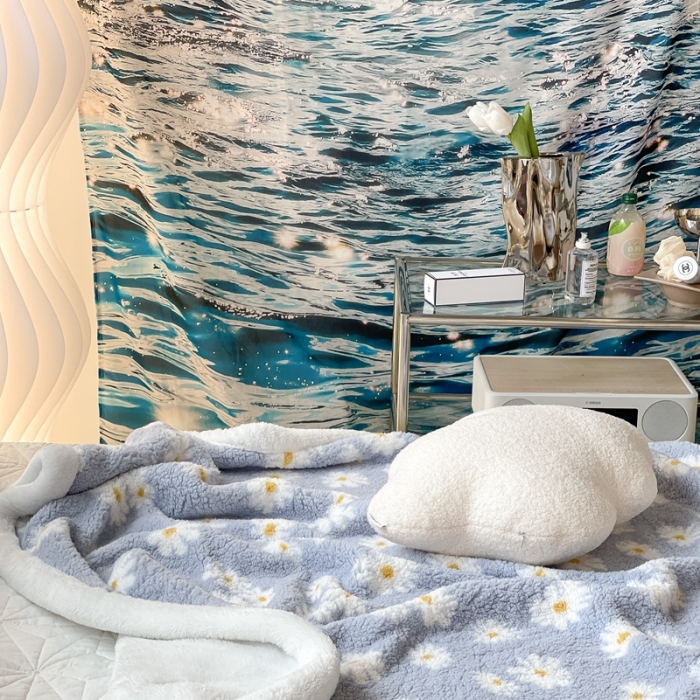 91家纺网 家纺一手货源 找家纺 昔可家纺 2021新款羊羔泰迪绒印花毛毯浅蓝小雏菊