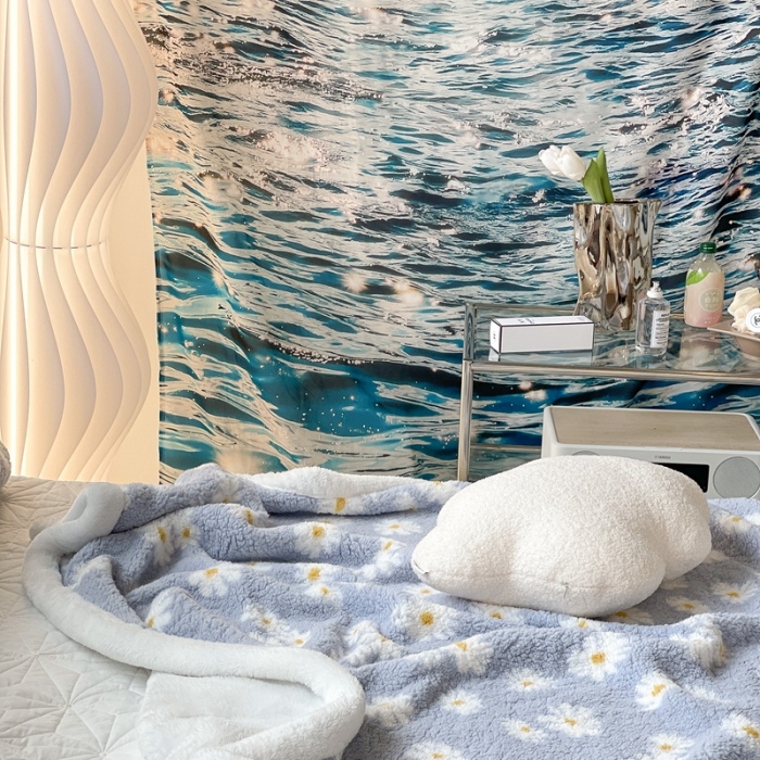 91家纺网 家纺一手货源 找家纺 昔可家纺 2021新款羊羔泰迪绒印花毛毯浅蓝小雏菊