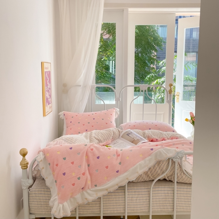 91家纺网 家纺一手货源 找家纺 昔可家纺 2021新款coco雪貂绒四件套 小爱心 粉