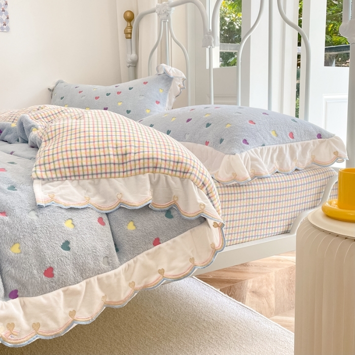 91家纺网 家纺一手货源 找家纺 昔可家纺 2021新款coco雪貂绒四件套 小爱心蓝