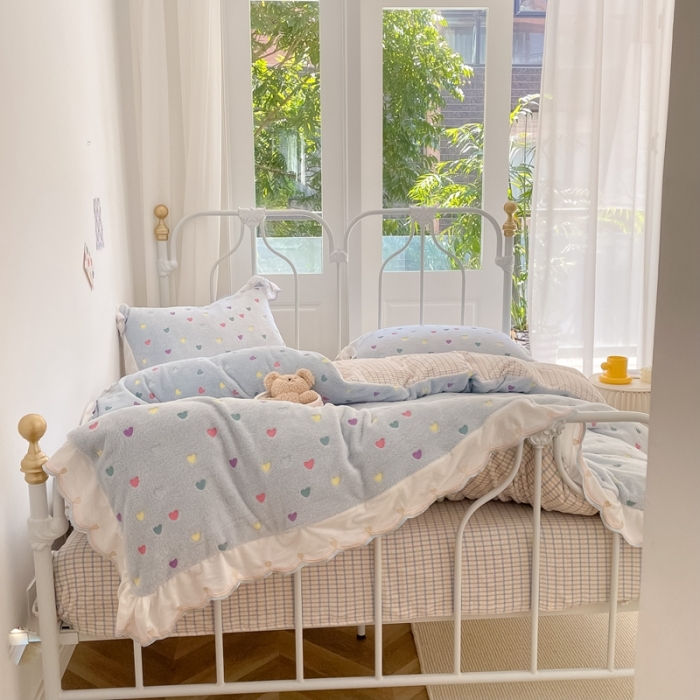 91家纺网 家纺一手货源 找家纺 昔可家纺 2021新款coco雪貂绒四件套 小爱心蓝