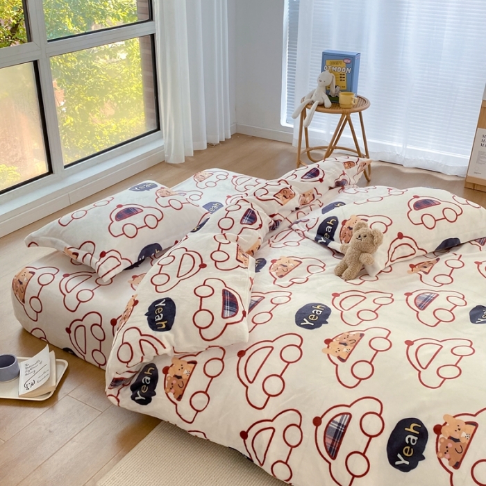 91家纺网 家纺一手货源 找家纺 昔可家纺  2021新款牛奶绒四件套第二组图 小熊汽车