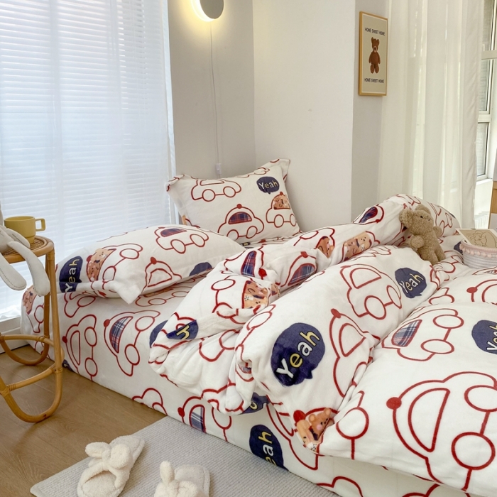 91家纺网 家纺一手货源 找家纺 昔可家纺  2021新款牛奶绒四件套第二组图 小熊汽车