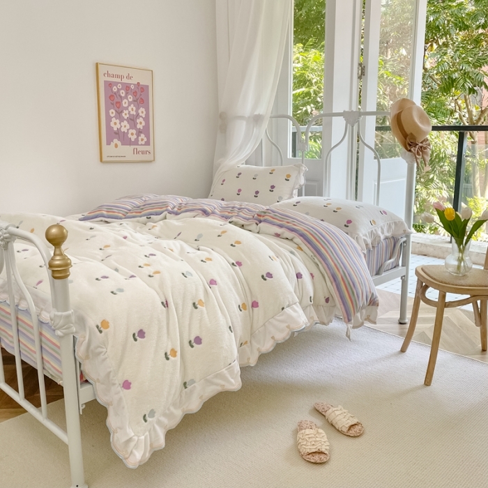 91家纺网 家纺一手货源 找家纺 昔可家纺 2021新款coco雪貂绒四件套 小郁金香白