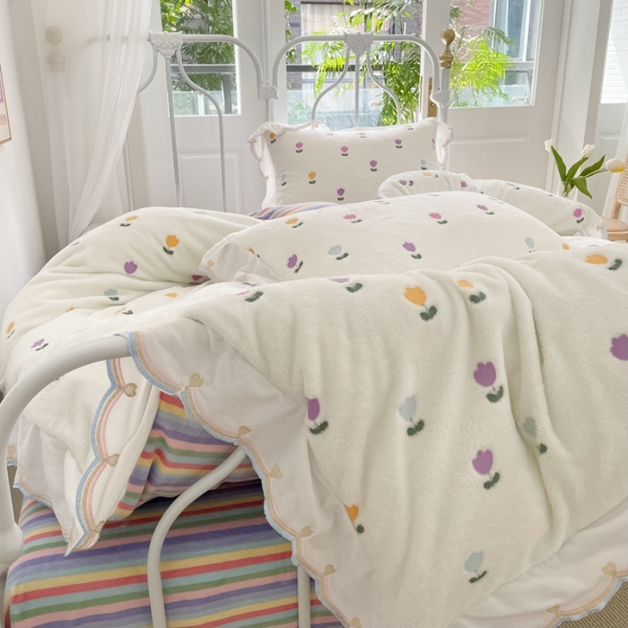 91家纺网 家纺一手货源 找家纺 昔可家纺 2021新款coco雪貂绒四件套 小郁金香白