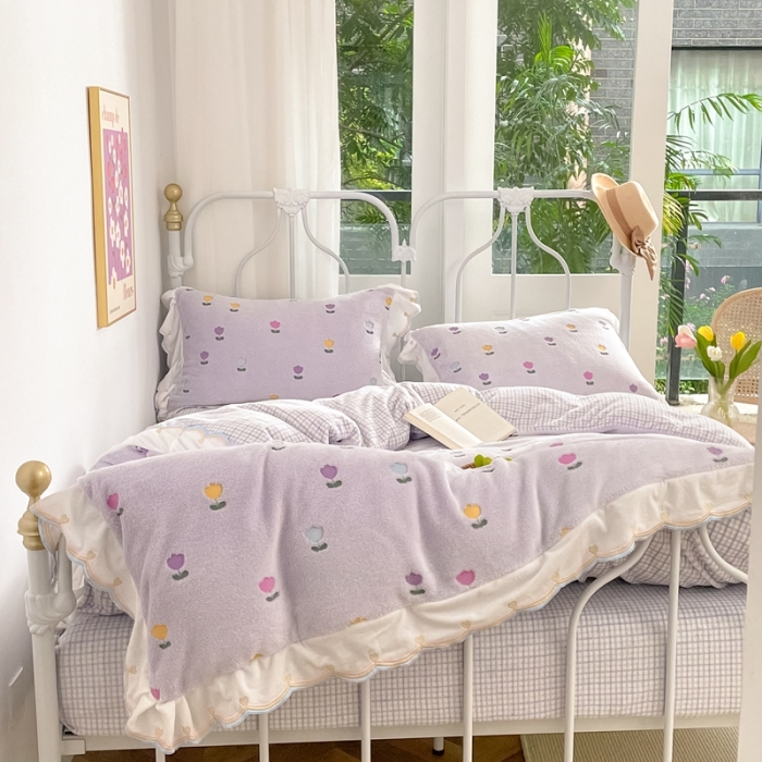 91家纺网 家纺一手货源 找家纺 昔可家纺 2021新款coco雪貂绒四件套 小郁金香紫