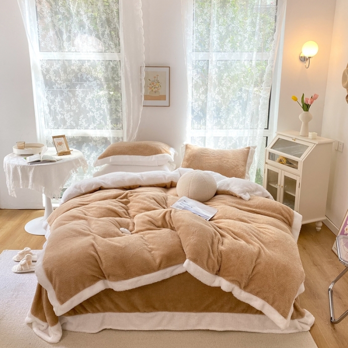 91家纺网 家纺一手货源 找家纺 （总）昔可家纺 2021新款泰迪绒马卡龙色四件套