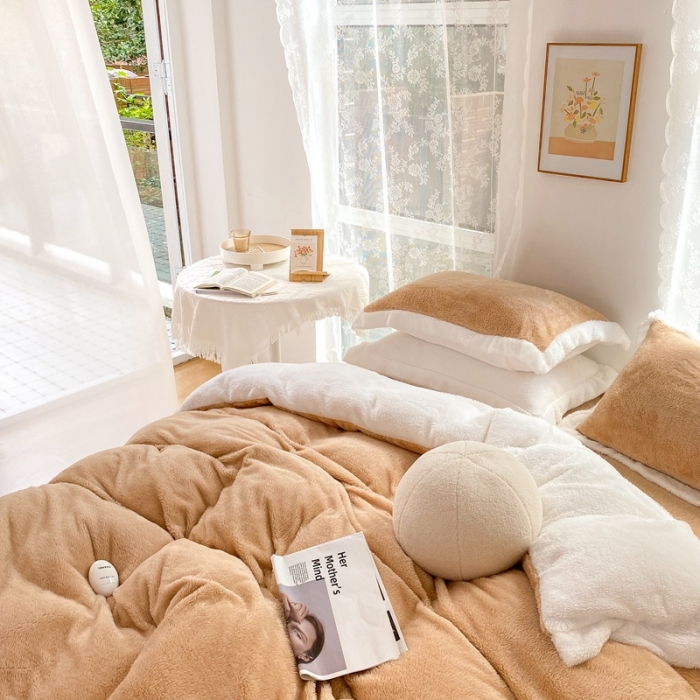 91家纺网 家纺一手货源 找家纺 （总）昔可家纺 2021新款泰迪绒马卡龙色四件套