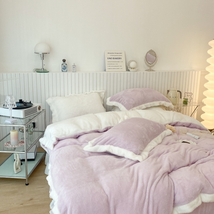 91家纺网 家纺一手货源 找家纺 昔可家纺 2021新款泰迪绒马卡龙色四件套 丁香紫