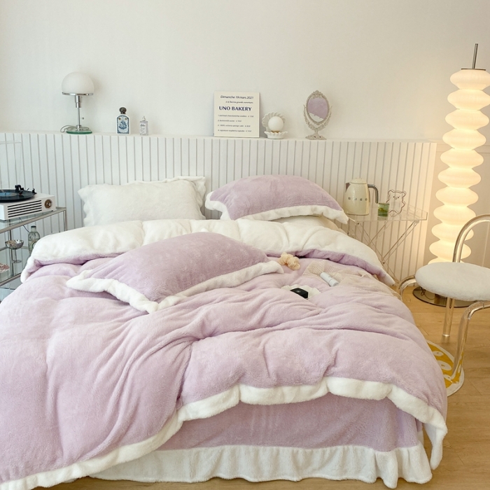 91家纺网 家纺一手货源 找家纺 昔可家纺 2021新款泰迪绒马卡龙色四件套 丁香紫