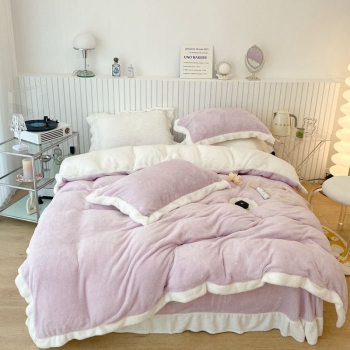 91家纺网 家纺一手货源 找家纺 昔可家纺 2021新款泰迪绒马卡龙色四件套 丁香紫