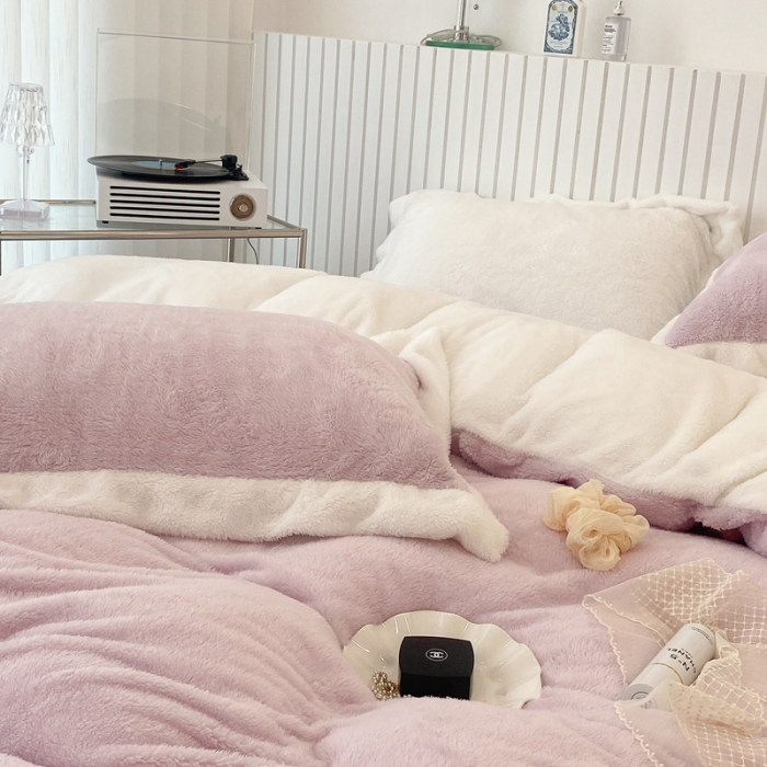 91家纺网 家纺一手货源 找家纺 昔可家纺 2021新款泰迪绒马卡龙色四件套 丁香紫