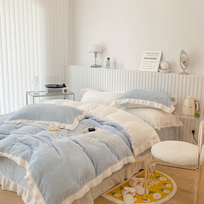 91家纺网 家纺一手货源 找家纺 昔可家纺 2021新款泰迪绒马卡龙色四件套 海盐蓝