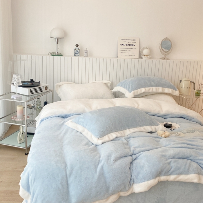 91家纺网 家纺一手货源 找家纺 昔可家纺 2021新款泰迪绒马卡龙色四件套 海盐蓝