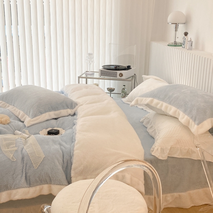 91家纺网 家纺一手货源 找家纺 昔可家纺 2021新款泰迪绒马卡龙色四件套 海盐蓝