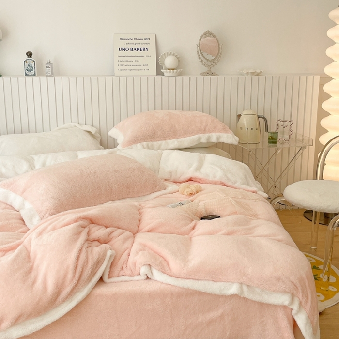 91家纺网 家纺一手货源 找家纺 昔可家纺 2021新款泰迪绒马卡龙色四件套 蜜桃粉