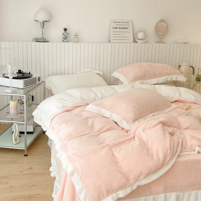 91家纺网 家纺一手货源 找家纺 昔可家纺 2021新款泰迪绒马卡龙色四件套 蜜桃粉