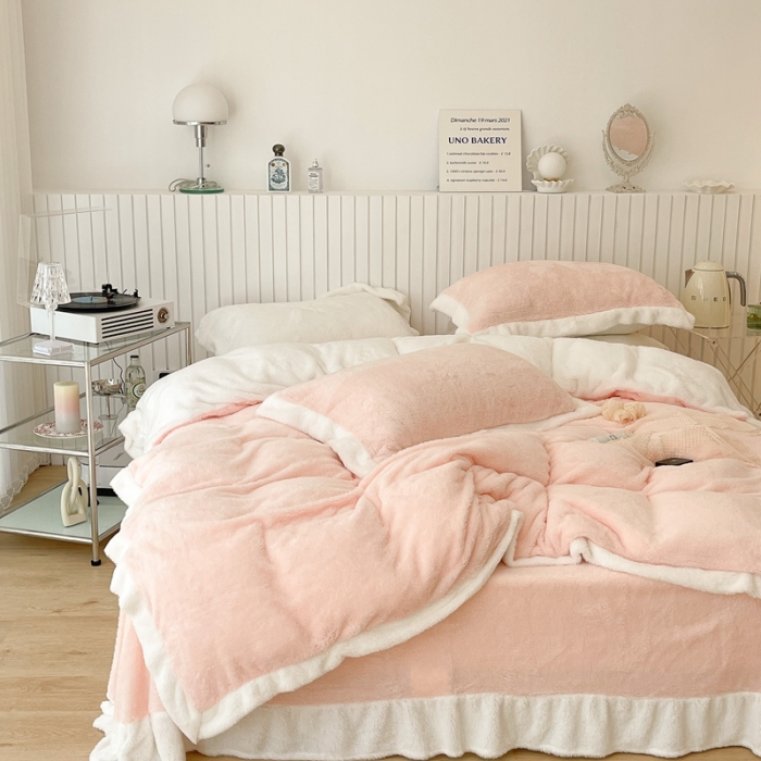 91家纺网 家纺一手货源 找家纺 昔可家纺 2021新款泰迪绒马卡龙色四件套 蜜桃粉