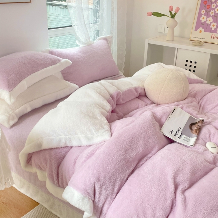 91家纺网 家纺一手货源 找家纺 昔可家纺 2021新款泰迪绒马卡龙色四件套丁香紫