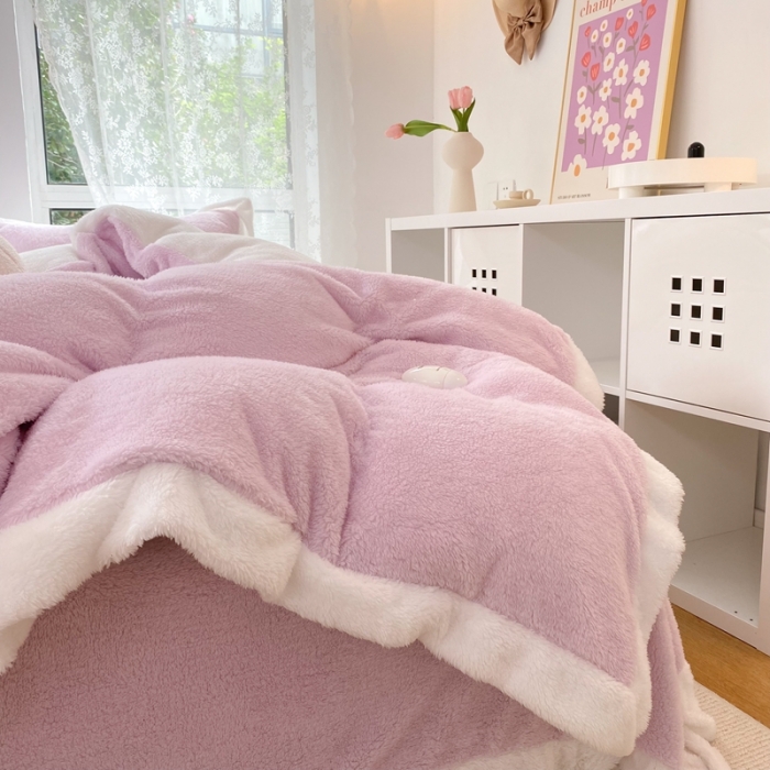 91家纺网 家纺一手货源 找家纺 昔可家纺 2021新款泰迪绒马卡龙色四件套丁香紫