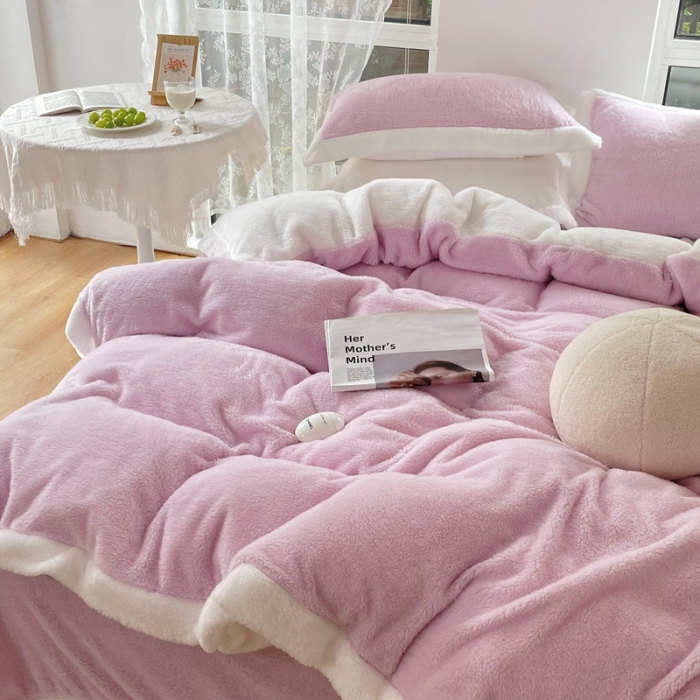 91家纺网 家纺一手货源 找家纺 昔可家纺 2021新款泰迪绒马卡龙色四件套丁香紫