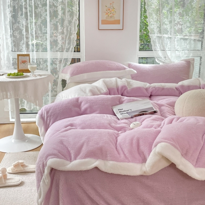 91家纺网 家纺一手货源 找家纺 昔可家纺 2021新款泰迪绒马卡龙色四件套丁香紫