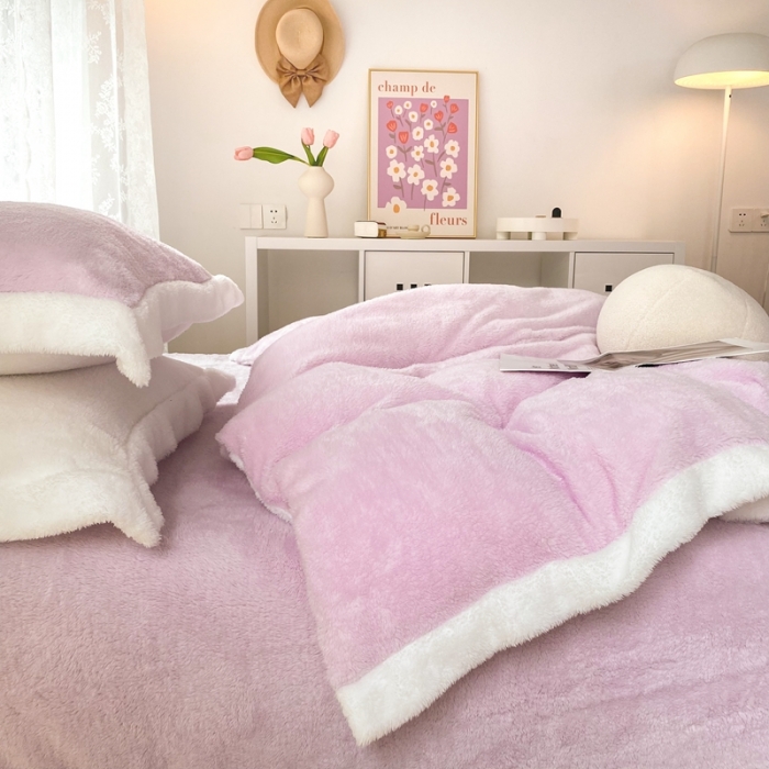 91家纺网 家纺一手货源 找家纺 昔可家纺 2021新款泰迪绒马卡龙色四件套丁香紫