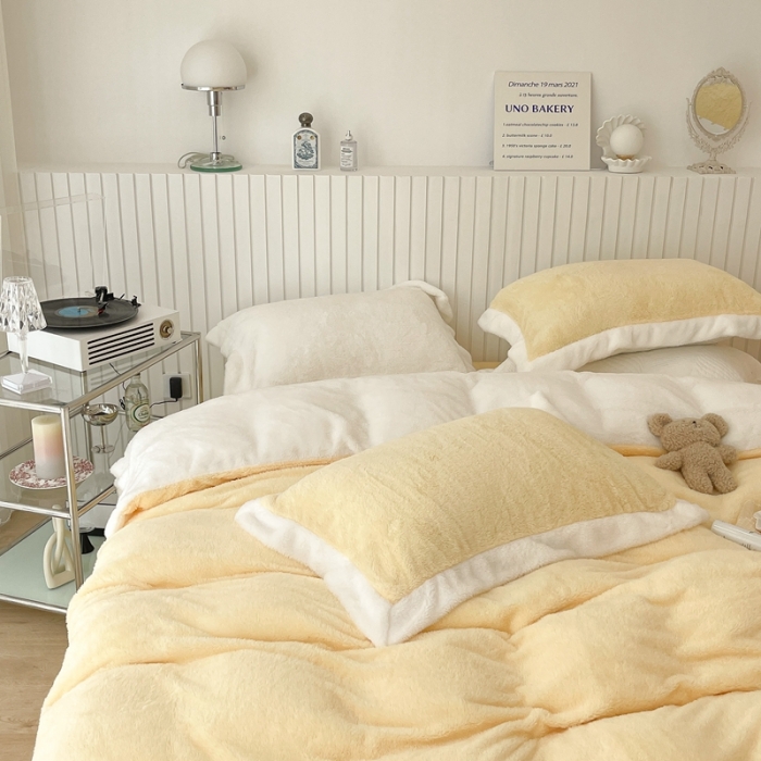 91家纺网 家纺一手货源 找家纺 昔可家纺 2021新款泰迪绒马卡龙色四件套 奶酪黄