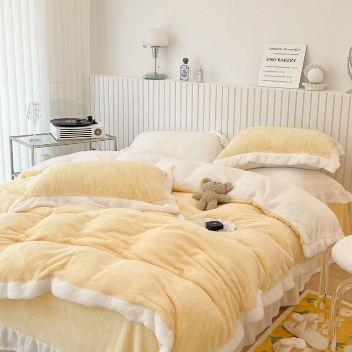 91家纺网 家纺一手货源 找家纺 昔可家纺 2021新款泰迪绒马卡龙色四件套 奶酪黄