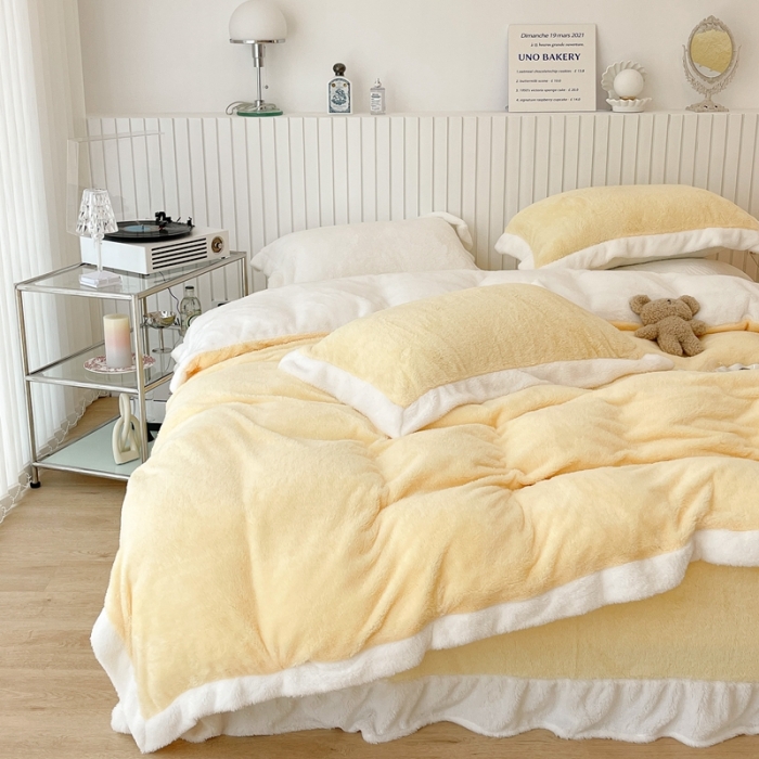 91家纺网 家纺一手货源 找家纺 昔可家纺 2021新款泰迪绒马卡龙色四件套 奶酪黄