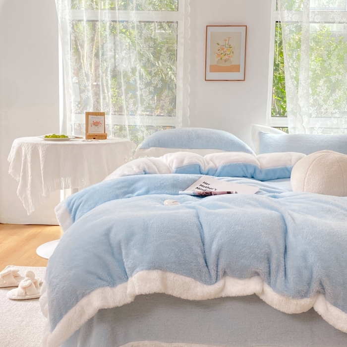 91家纺网 家纺一手货源 找家纺 昔可家纺 2021新款泰迪绒马卡龙色四件套海盐蓝