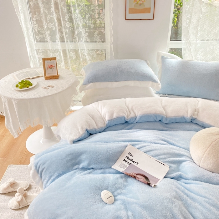 91家纺网 家纺一手货源 找家纺 昔可家纺 2021新款泰迪绒马卡龙色四件套海盐蓝