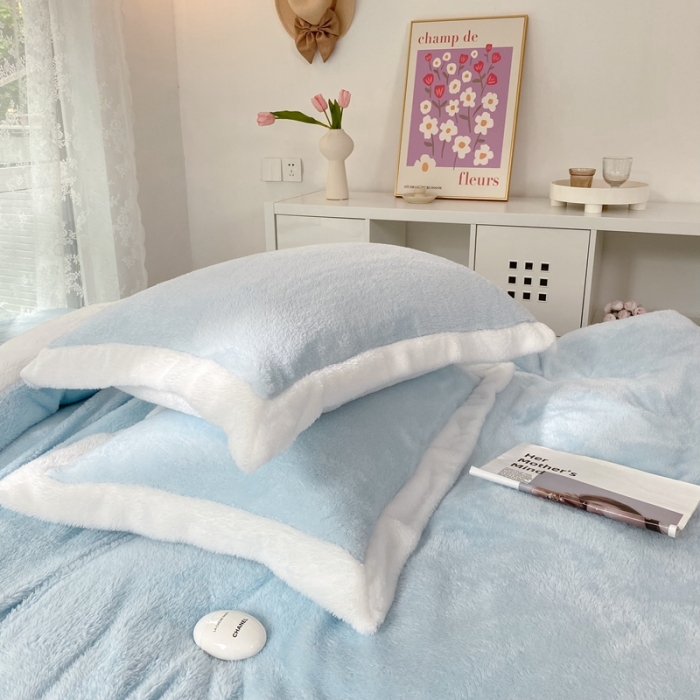 91家纺网 家纺一手货源 找家纺 昔可家纺 2021新款泰迪绒马卡龙色四件套海盐蓝