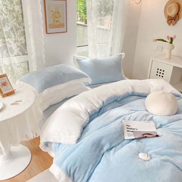 91家纺网 家纺一手货源 找家纺 昔可家纺 2021新款泰迪绒马卡龙色四件套海盐蓝