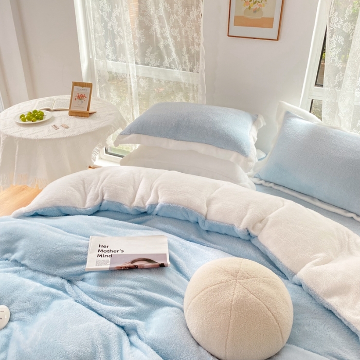 91家纺网 家纺一手货源 找家纺 昔可家纺 2021新款泰迪绒马卡龙色四件套海盐蓝