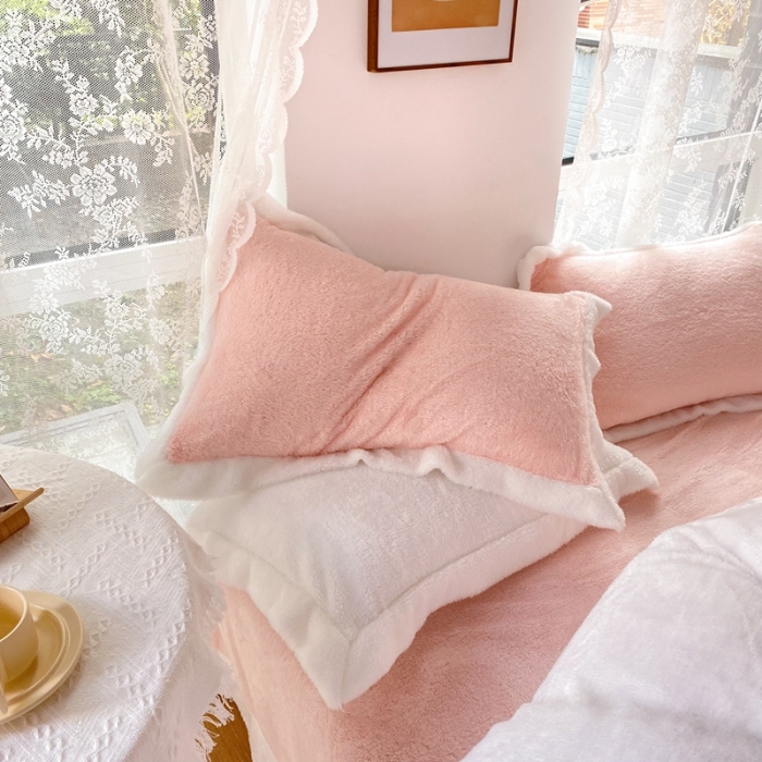 91家纺网 家纺一手货源 找家纺 昔可家纺 2021新款泰迪绒马卡龙色四件套蜜桃粉